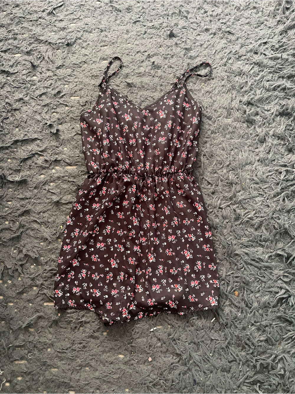 Women’s Floral Print Spaghetti Strap Romper - Black with Pink & White Flowers